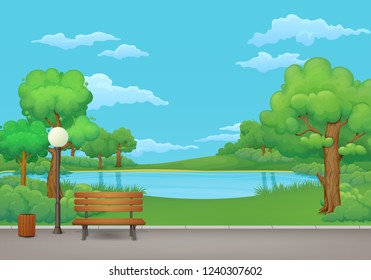 Summer, spring day park scene. Wooden bench with trash can and street lamp on an asphalt park trail with lush green trees and bushes. Green meadow, lake and blue sky with clouds on the background.