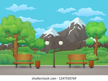 Summer, spring day park scene. Two benches with trash cans and street lamp on an asphalt park trail with lush green trees and bushes. Green meadows, snowy mountains and blue sky in the background.