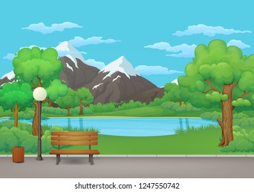 Summer, spring day park vector illustration. Wooden bench, trash bin and street lamp on an asphalt park trail with lush green trees, bushes,  lake and mountains in the background.