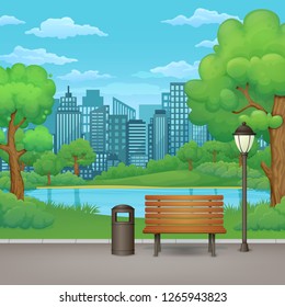 Summer, spring day park vector illustration. Wooden bench, trash bin and street lamp on an asphalt park trail with lush green trees, bushes, lake and cityscape with skyscrapers in the background.