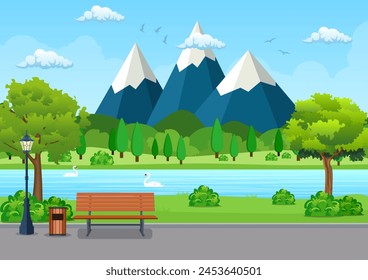 Summer, spring day park. Wooden bench, trash bin and street lamp on an asphalt park trail with lush green trees, bushes, lake and mountains. vector illustration in flat style