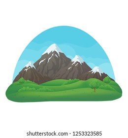 Summer, spring day vector icon. Snowy mountain range, green hills, trees and blue sky on a white background.