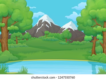 Summer, spring day vector illustration. Lake or river with lush green trees and bushes. Green hills, meadows, snowy mountains and blue sky with clouds in the background.