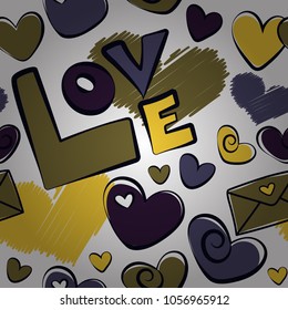 Summer and spring design. Exotic vector pattern. Love text and letter, hearts in white, brown and yellow colors. Seamless doodle pattern. Abstract pattern.