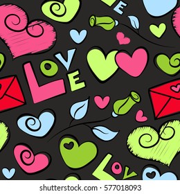 Summer and spring design. Seamless doodle pattern. Abstract seamless pattern. Exotic vector pattern. Rose flower, love text and letter, haerts in green, red and pink colors.