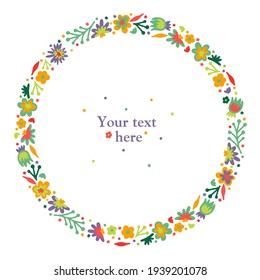 Summer or spring doodle wreath with multicolored flowers and leaves (orange, sea, green, red). White isolated vector stock illustration (EPS10).