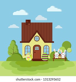 Summer or spring easter landscape nature scene with rural house with chimney, green trees, grass, clouds, easter eggs, bunny with basket on bench in cartoon flat style. Vector background illustration.
