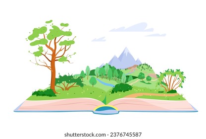 Summer or spring fantasy story in magic book vector illustration. Cartoon isolated open storybook to read fairy tale about happy day in nature, green tree and flowers in meadow, river near calm forest