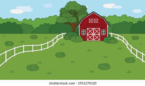 Summer Or Spring Farm Concept In Countryside. Cartoon Doodle Vector Cute Red Barn, White Fence And Clouds, Green Field And Trees, Bushes And Plants For Animal Life Background, Cards, Postcards