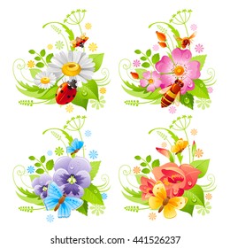 Summer or spring floral banner set on white background. Flower icons - daisy, wild rose, violet, gladiolus. Insect icons - ladybug, bee, butterfly. Natural template for greeting card or invitation