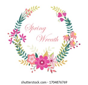 Summer or Spring Floral Greeting Card decor with flower wreath. Text white Background. natural Illustration on white background