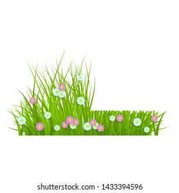 Summer, spring floral lush green grass and lawn border on isolated background in realistic style, vector illustration with flowers, daisies. Floral grass before and after mowing.