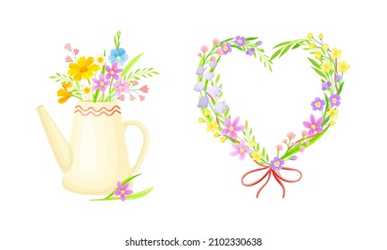 Summer or spring flowers set. Bouquet in ceramic teapot and wreath of blooming flowers vector illustration