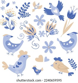 Summer, spring flowers, vector illustration. Cute decorative birds. Floral template for gift cards and textile design.