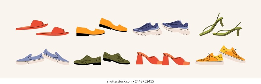 Summer spring footwear. Cartoon women shoes flat style, modern fashionable sandals, classic shoes, trainers, sneakers. Vector isolated set.