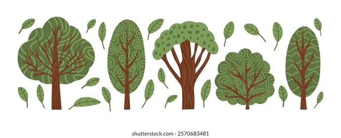 Summer spring forest, woods, woodland, trees botanical elements, leaves. Plants Set. Hand drawn vector illustration for textiles, scrapbooking, merchandise, greeting cards.