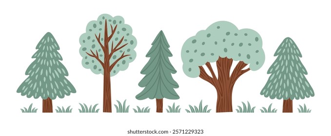 Summer spring forest, woods, woodland. Trees, spruces, grass collection. Plants Botanical elements Set. Hand drawn vector illustration for textiles, scrapbooking, merchandise, greeting cards.
