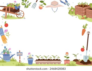 Sommer- und Frühjahrsgartenrahmen. Hintergrund der landwirtschaftlichen Vektorgrafik. Gartengeräte, Kollektion für den Haushalt. Gemüse anbauen. Frühlingssetzlinge, Kompost, Warenkorb.