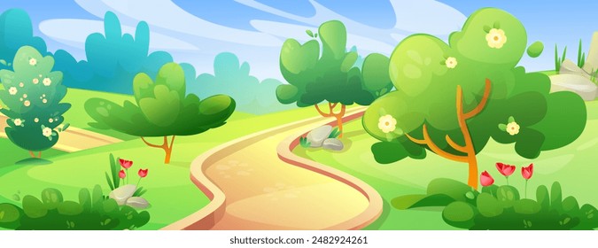 Sommer- oder Frühjahrsgarten oder Parklandschaft mit grünen Bäumen und Büschen, Gras und Blumen, Steinen und Wegstraße am sonnigen Tag. Cartoon Vektorgrafik Landschaft Waldlandschaft mit Grün und Wäldern.