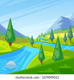 Summer, spring green landscape. Vector illustration of hills, meadows and mountains. Nature outdoor background.