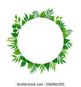 Summer Spring Green Leaves Branches Twigs Plants Foliage Greenery Round Circle Frame With Place For Text Isolated Vector Illustration