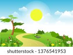 Summer Spring Green Valley Bright Sun Outdoor Landscape Illustration