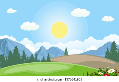 Summer Spring Green Valley Bright Sun Outdoor Landscape Illustration