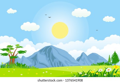 Summer Spring Green Valley Bright Sun Outdoor Landscape Illustration