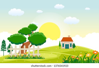 Summer Spring Green Valley Bright Sun Outdoor Landscape Illustration