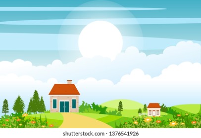Summer Spring Green Valley Bright Sun Outdoor Landscape Illustration