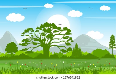 Summer Spring Green Valley Bright Sun Outdoor Landscape Illustration