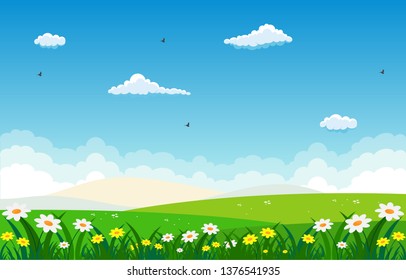 Summer Spring Green Valley Fresh Sky Outdoor Landscape Illustration