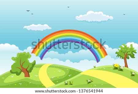 Summer Spring Green Valley Rainbow Outdoor Landscape Illustration