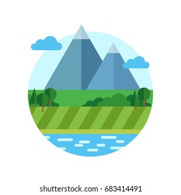 Summer or Spring Illustration of Landscape in Flat Style.Vector Background with Mountains, Trees and Sky.