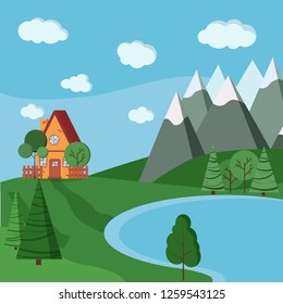 Summer or spring lake landscape with cartoon country house with fences, green trees, spruce, clouds, road, mountains in cartoon flat style. Vector background illustration.