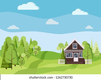 Summer or spring landscape background with country farm brick house, green trees, spruces, fields, clouds, road in cartoon flat style. Summer scene vector illustration.