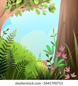 Summer or spring landscape background. Forest or park with trees grass and fern, colorful summertime scenery. Hand drawn illustration in watercolor style. Vector forest nature background.