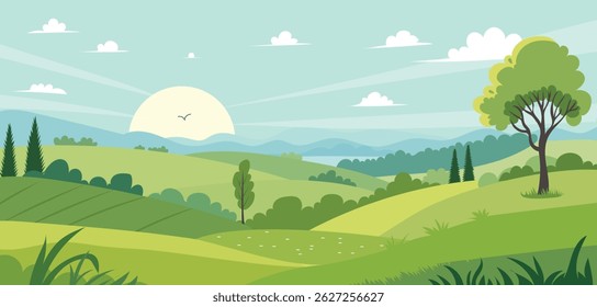 Verão da paisagem da primavera Fundo. Com Hills e Meadows. Nascer do sol. Arte vetorial desenhada à mão. 