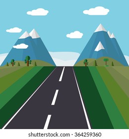 Summer, spring landscape background. Road in green valley, mountains, hills, clouds on the sky. Flat design 