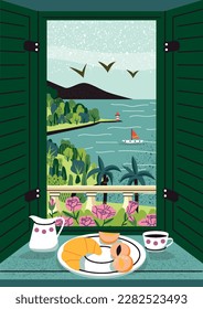 Summer or spring landscape. Beautiful view from window of natural panorama. Yacht in ocean or sea in hot season and sunny morning. Poster or banner for website. Cartoon flat vector illustration