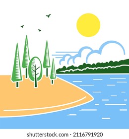 Summer or spring landscape with blue lake and trees and yellow sun. Vector flat style iluustration for text or design