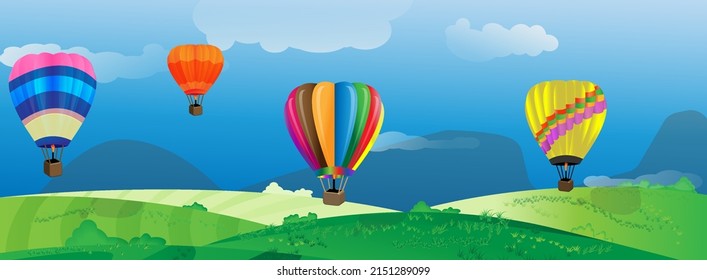 Summer or spring landscape with colorful balloons floating in the sky. Perfect for banner design, tickets, flyers, cards, posters and more green grass, blue sky and balloons.