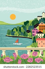 Sommer- oder Frühjahrslandschaft. Farbiges Poster mit Häusern und Bäumen steht in der Nähe des Ozeans oder des Meeres. Jacht segelt in der sonnigen Jahreszeit in die Kleinstadt. Schönes Naturpanorama. Cartoon-Flavektor-Vektorgrafik