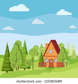 Summer or spring landscape with country house with fences, green trees, spruces, clouds, road in flat cartoon style. Vector background illustration.