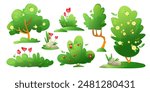 Summer or spring landscape creation nature elements. Cartoon vector set of green trees and bushes, grass and flowers, stones for garden or park. Forest and yard plants. Greenery scene decoration.