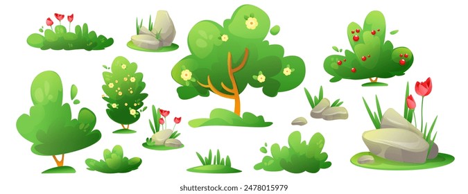 Summer or spring landscape creation nature elements. Cartoon vector set of green trees and bushes, grass and flowers, stones for garden or park. Forest and yard plants. Greenery scene decoration.