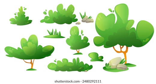 Summer or spring landscape creation nature elements. Cartoon vector set of green trees and bushes, grass and stones for garden or park. Forest and yard plants. Greenery scene decoration.