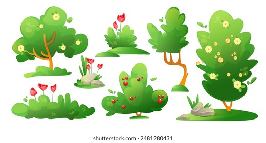 Summer or spring landscape creation nature elements. Cartoon vector set of green trees and bushes, grass and flowers, stones for garden or park. Forest and yard plants. Greenery scene decoration.