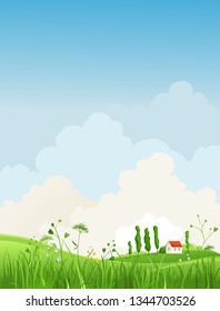 Summer or spring landscape for design banner, ticket, leaflet, card, poster and so on. Green grass, blue sky and flowers scenery.