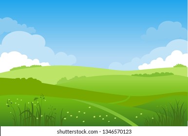 Summer or spring landscape for design banner, ticket, leaflet, card, poster and so on. Green grass, blue sky not urban scenery.